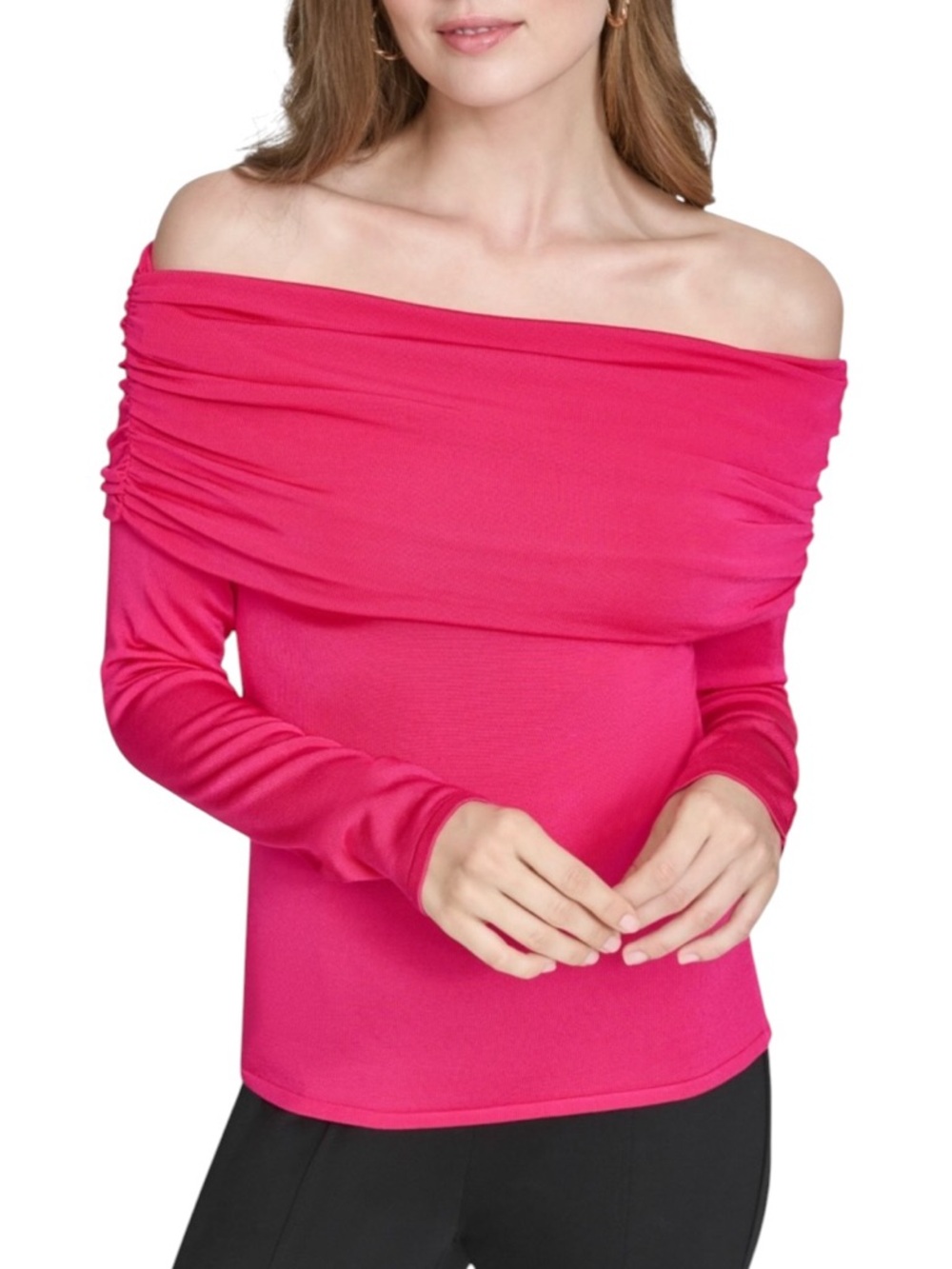 Halston Lipstick Pink Ruched Draped  Off-The-Shoulder Long Sleeve Top NEW Large